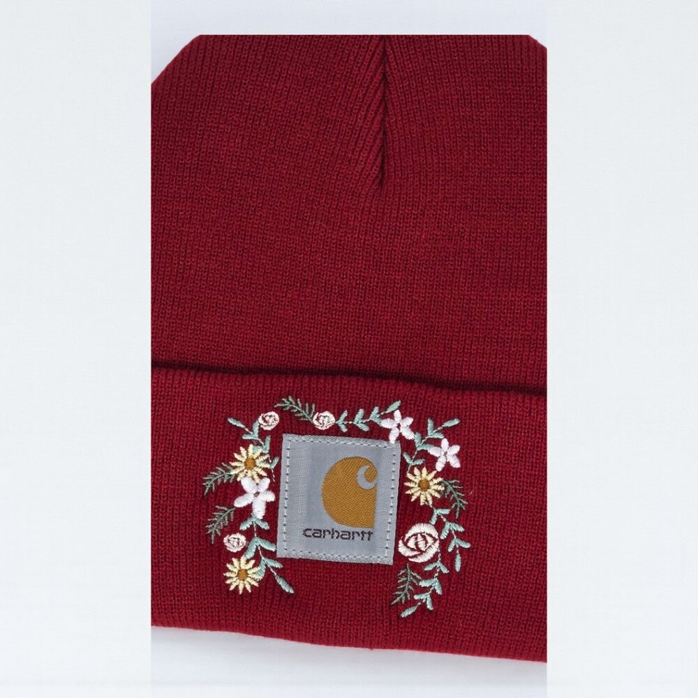 Embroidered Floral Knit Beanie – Deep Red - Picture 3 of 3